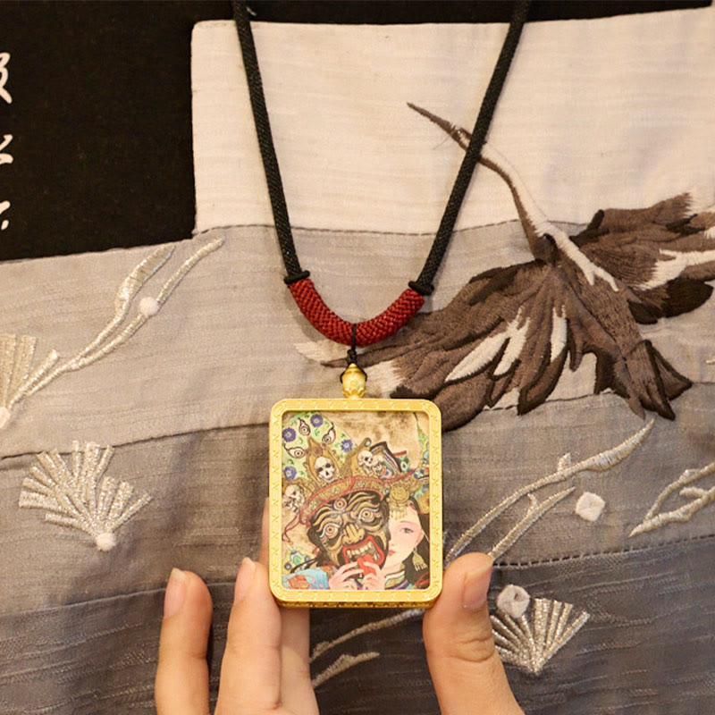 Buddha Stones, ciondolo con collana di Thangka dipinto a mano, ciondolo con zakiram tibetano, volpe a nove code, dio giallo della ricchezza - image 7