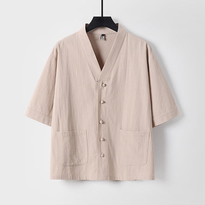 Camicia da uomo in lino e cotone con bottoni frontali, manica a tre quarti, casual, tinta unita , Buddha Stones, con tasche