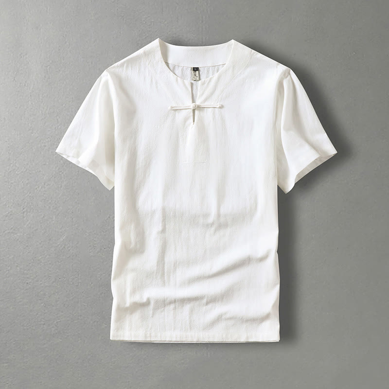 Camicia da uomo in lino di cotone con bottone a forma di rana, casual, a maniche corte, tinta unita , Buddha Stones - Bianco - US/UK/AU54, EU64 (9XL) - image 1
