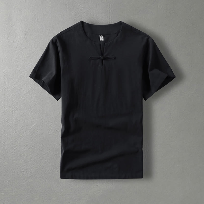 Camicia da uomo in lino di cotone con bottone a forma di rana, casual, a maniche corte, tinta unita , Buddha Stones - Nero - US/UK/AU54, EU64 (9XL) - image 2