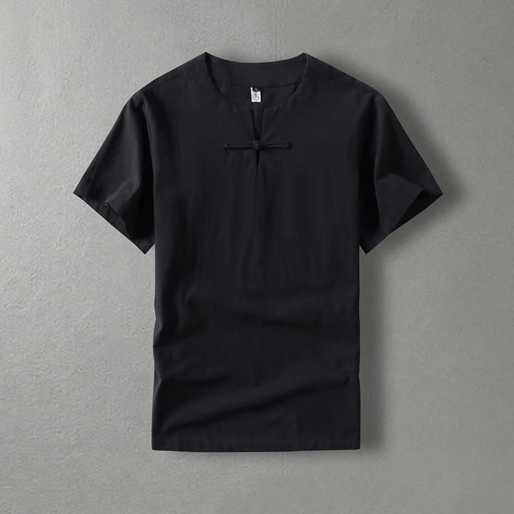 Camicia da uomo in lino di cotone con bottone a forma di rana, casual, a maniche corte, tinta unita , Buddha Stones - Nero - US/UK/AU54, EU64 (9XL) - image 2
