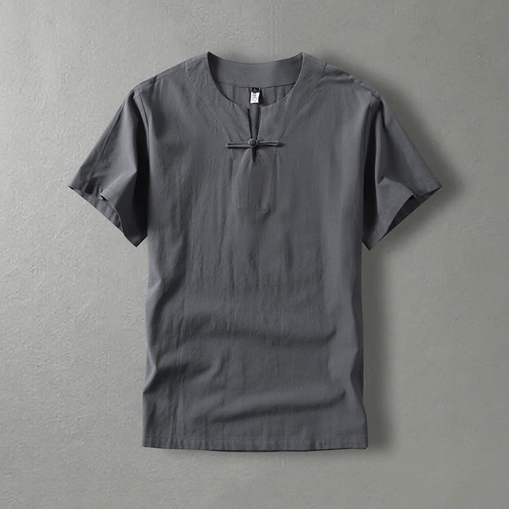 Camicia da uomo in lino di cotone con bottone a forma di rana, casual, a maniche corte, tinta unita , Buddha Stones - Grigio - US/UK/AU54, EU64 (9XL) - image 0