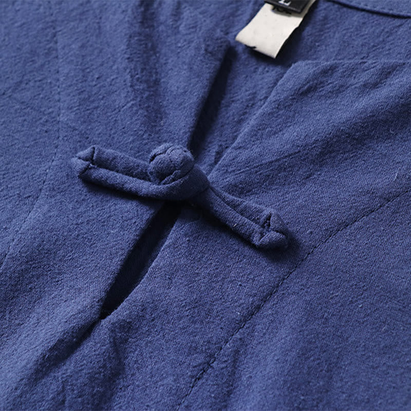 Camicia da uomo in lino di cotone con bottone a forma di rana, casual, a maniche corte, tinta unita , Buddha Stones - image 8