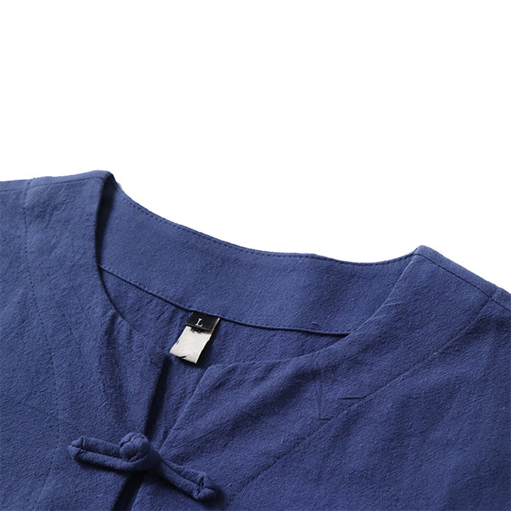 Camicia da uomo in lino di cotone con bottone a forma di rana, casual, a maniche corte, tinta unita , Buddha Stones - image 7