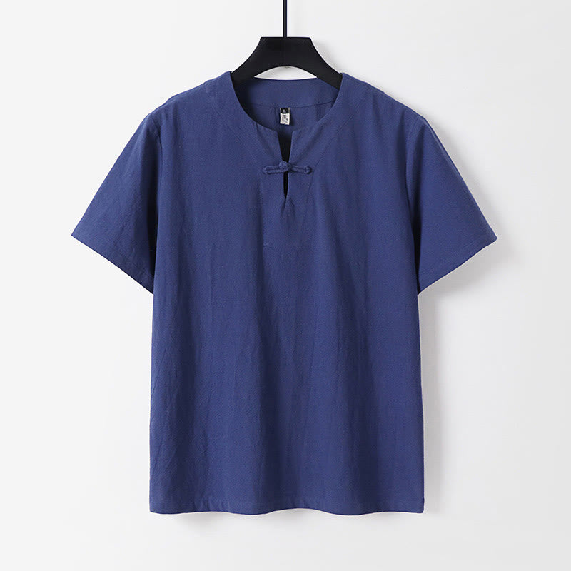 Camicia da uomo in cotone e lino con un bottone a forma di rana, manica corta, tinta unita , Buddha Stones