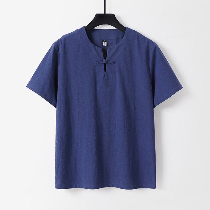 Camicia da uomo in cotone e lino con un bottone a forma di rana, manica corta, tinta unita , Buddha Stones