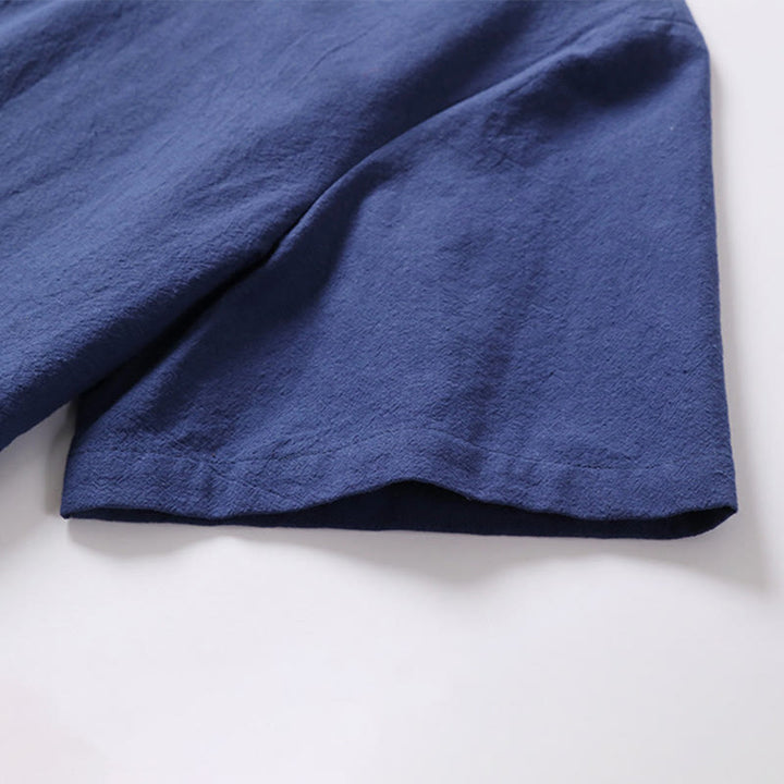 Camicia da uomo in cotone e lino con un bottone a forma di rana, manica corta, tinta unita , Buddha Stones