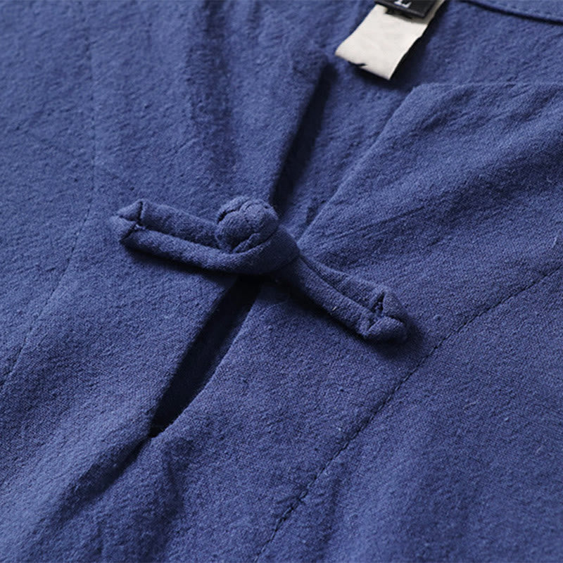Camicia da uomo in cotone e lino con un bottone a forma di rana, manica corta, tinta unita , Buddha Stones