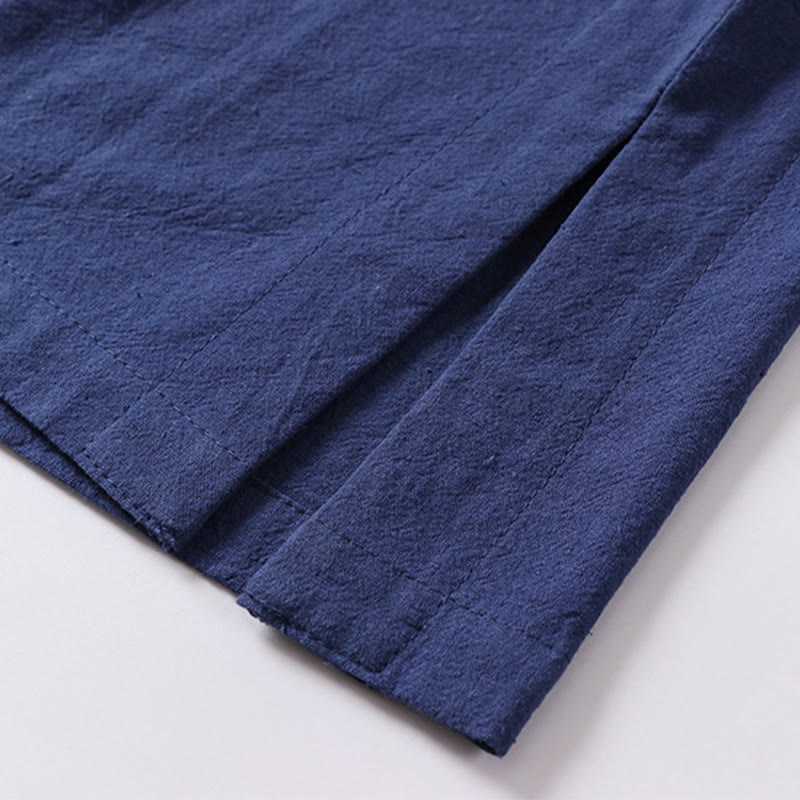 Camicia da uomo in cotone e lino con un bottone a forma di rana, manica corta, tinta unita , Buddha Stones