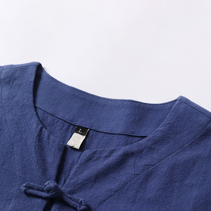 Camicia da uomo in cotone e lino con un bottone a forma di rana, manica corta, tinta unita , Buddha Stones