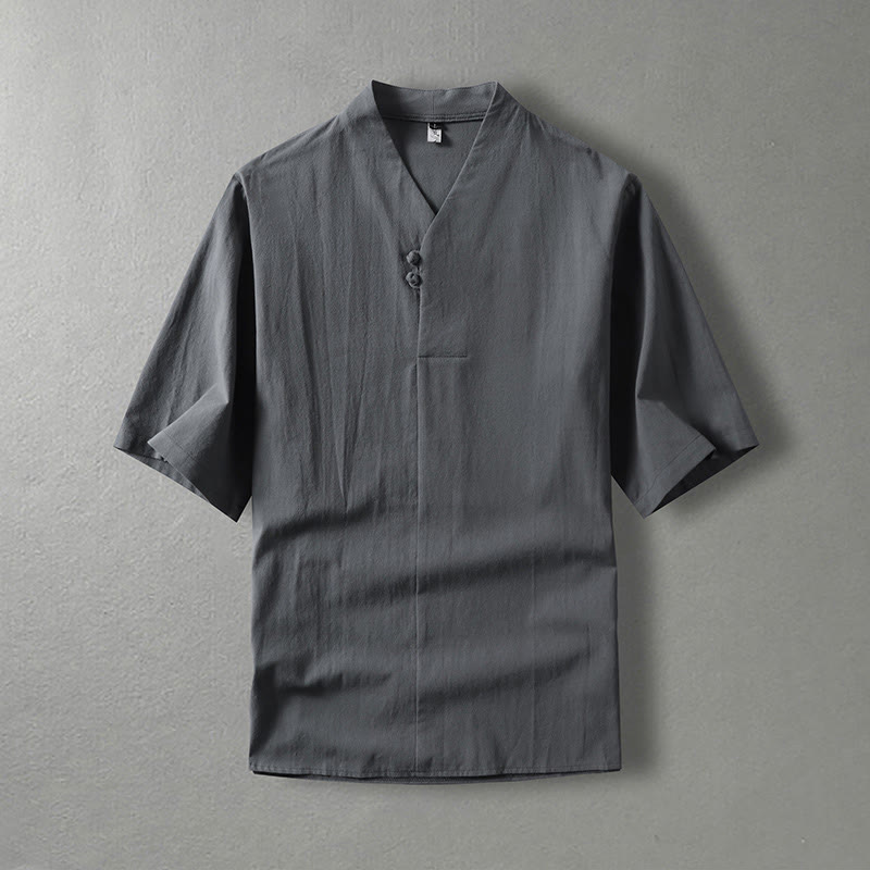 Camicia da uomo in cotone con maniche a tre quarti, casual, tinta unita, due bottoni , Buddha Stones