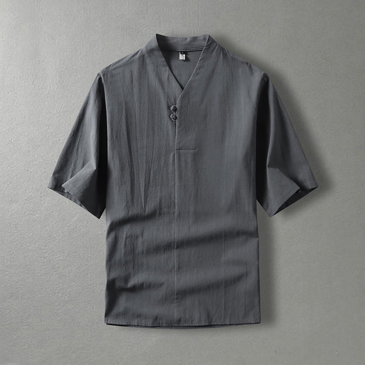 Camicia da uomo in cotone con maniche a tre quarti, casual, tinta unita, due bottoni , Buddha Stones
