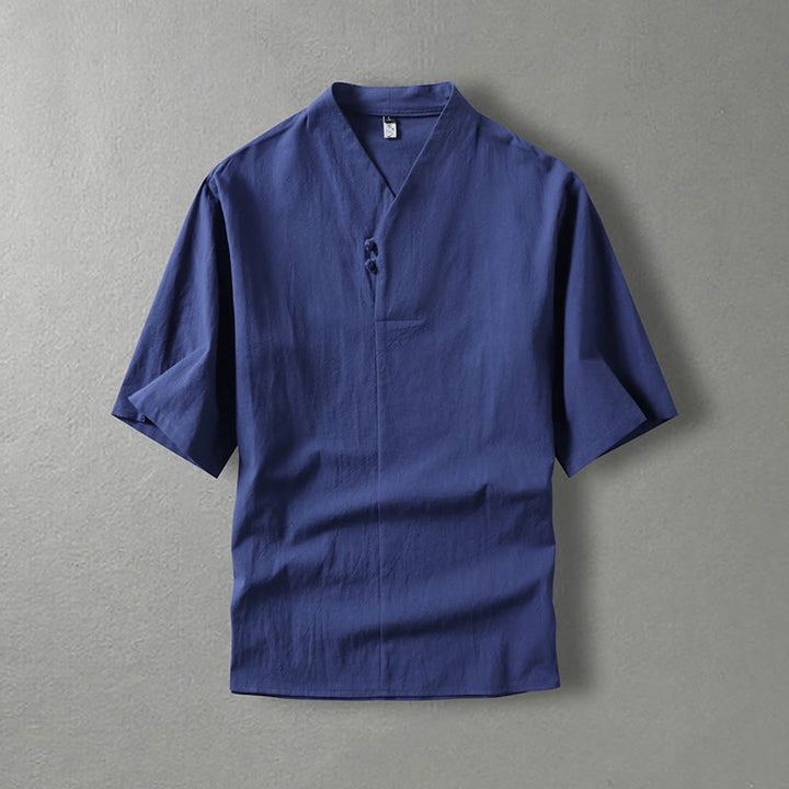Camicia da uomo in cotone con maniche a tre quarti, casual, tinta unita, due bottoni , Buddha Stones