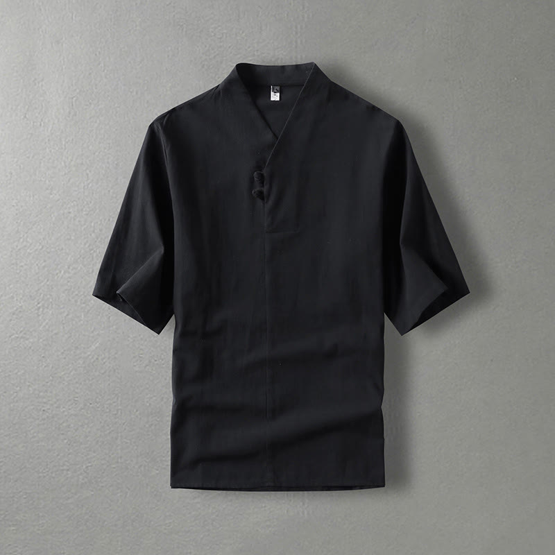 Camicia da uomo in cotone con maniche a tre quarti, casual, tinta unita, due bottoni , Buddha Stones