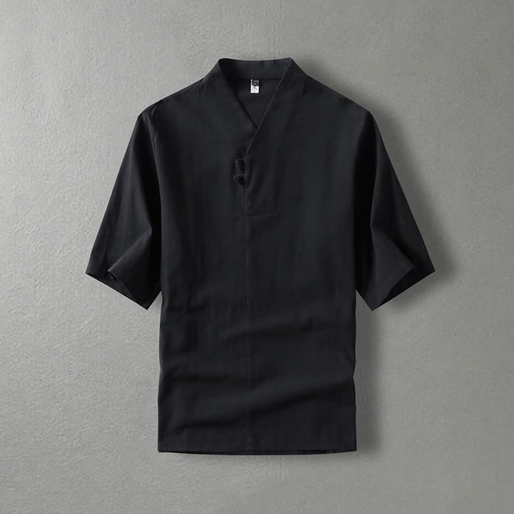 Camicia da uomo in cotone con maniche a tre quarti, casual, tinta unita, due bottoni , Buddha Stones