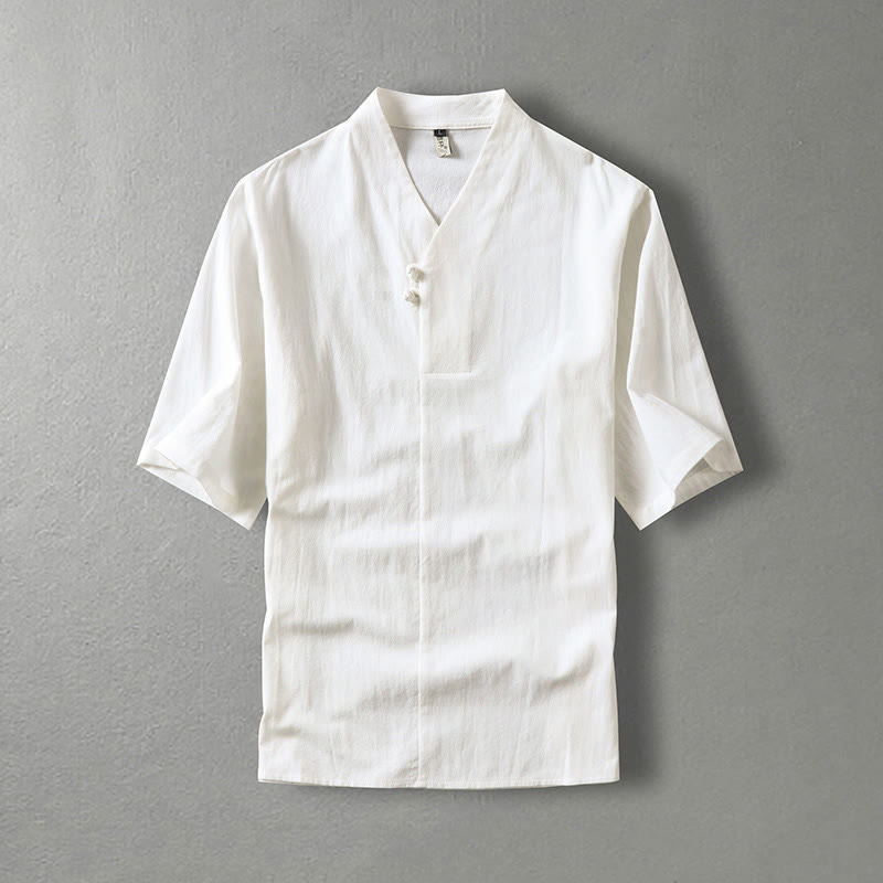 Camicia da uomo in cotone con maniche a tre quarti, casual, tinta unita, due bottoni , Buddha Stones