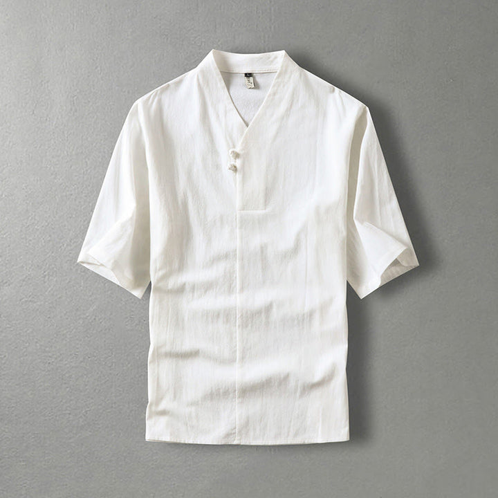 Camicia da uomo in cotone con maniche a tre quarti, casual, tinta unita, due bottoni , Buddha Stones
