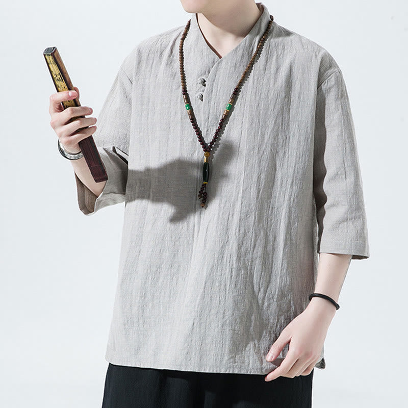 Camicia da uomo in cotone e lino con maniche a tre quarti, casual, tinta unita, due bottoni, Buddha Stones