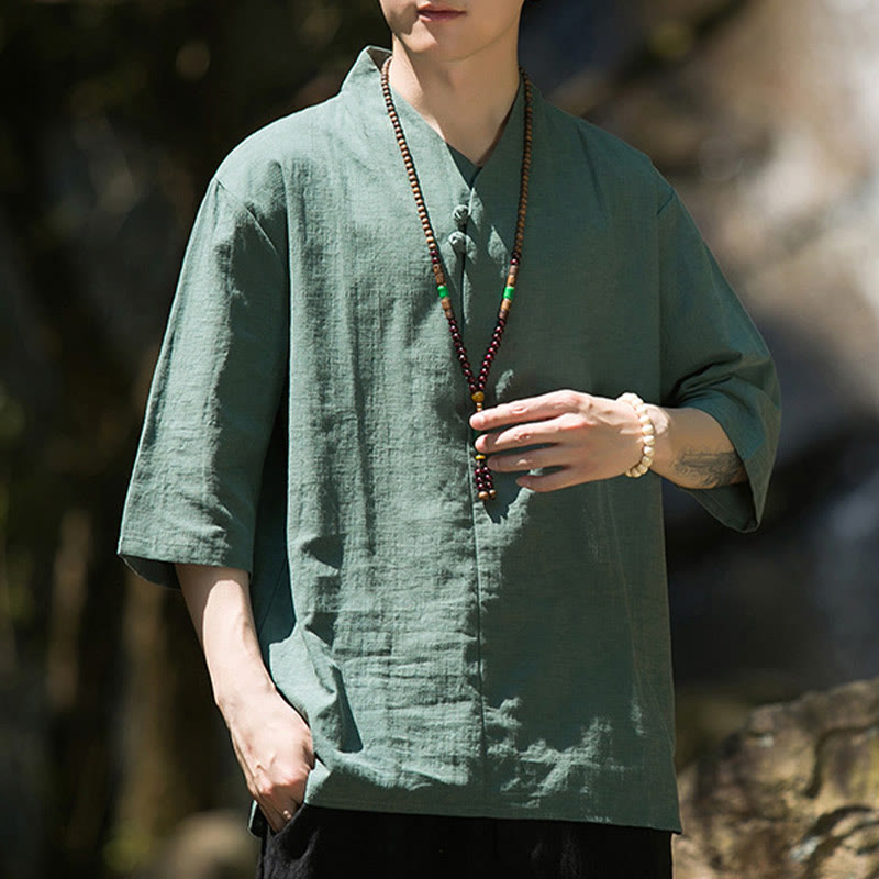 Camicia da uomo in cotone e lino con maniche a tre quarti, casual, tinta unita, due bottoni, Buddha Stones