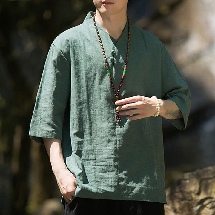 Camicia da uomo in cotone e lino con maniche a tre quarti, casual, tinta unita, due bottoni, Buddha Stones