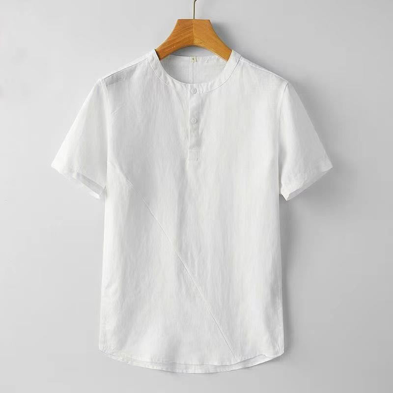Camicia da uomo in cotone e lino con due bottoni in alto, a maniche corte, tinta unita, Buddha Stones - Bianco - US/UK/AU44, EU54 (4XL) - image 2