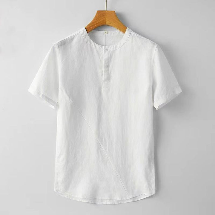 Camicia da uomo in cotone e lino con due bottoni in alto, a maniche corte, tinta unita, Buddha Stones - Bianco - US/UK/AU44, EU54 (4XL) - image 2