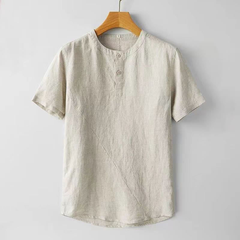 Camicia da uomo in cotone e lino con due bottoni in alto, a maniche corte, tinta unita, Buddha Stones - Beige - US/UK/AU44, EU54 (4XL) - image 6