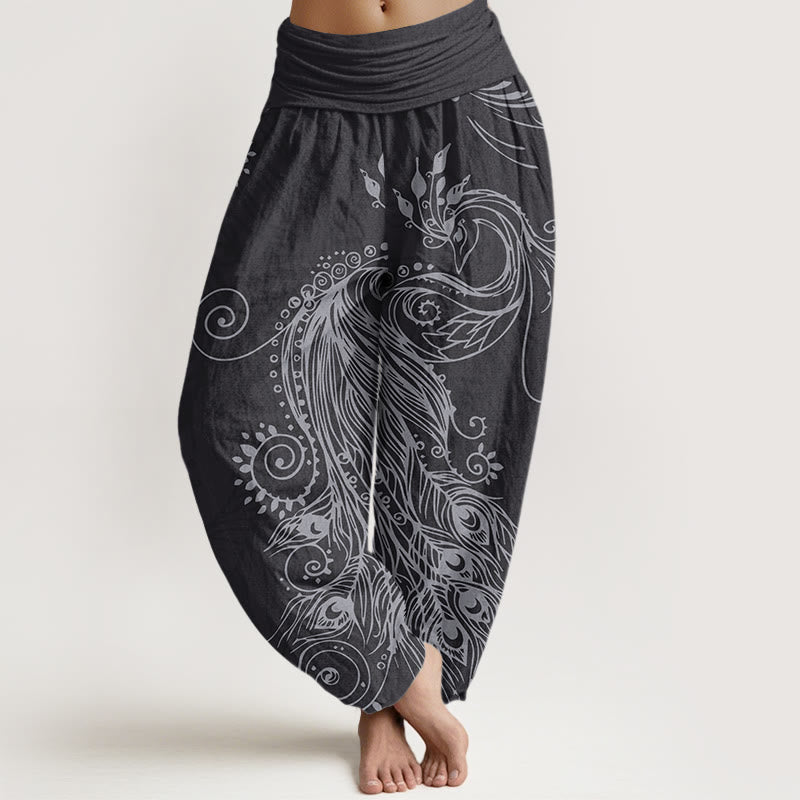 Pantaloni harem con elastico in vita da donna, motivo pavone , Buddha Stones - Nero - US22, UK/AU26, EU54 (6XL) - image 8