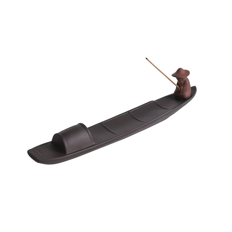 Buddha Stones Pescatore Barca Viola Argilla Pace Guarigione Ceramica Bastoncino Bruciatore Incenso Decorazione