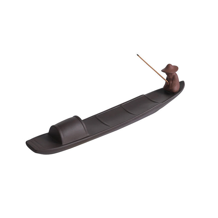 Buddha Stones Pescatore Barca Viola Argilla Pace Guarigione Ceramica Bastoncino Bruciatore Incenso Decorazione