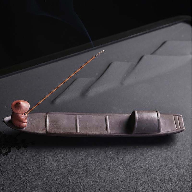 Buddha Stones Pescatore Barca Viola Argilla Pace Guarigione Ceramica Bastoncino Bruciatore Incenso Decorazione