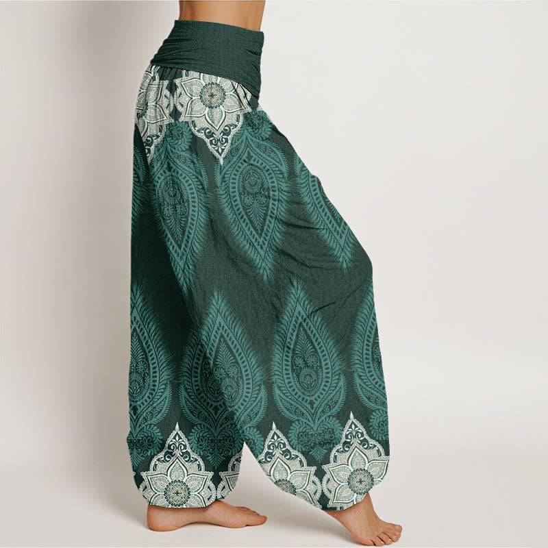 Pantaloni harem con elastico in vita da donna, motivo floreale con piume e Buddha Stones - image 6