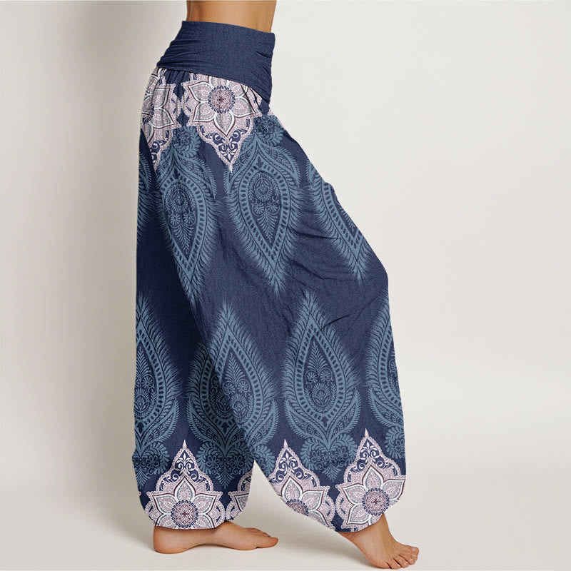 Pantaloni harem con elastico in vita da donna, motivo floreale con piume e Buddha Stones - image 9