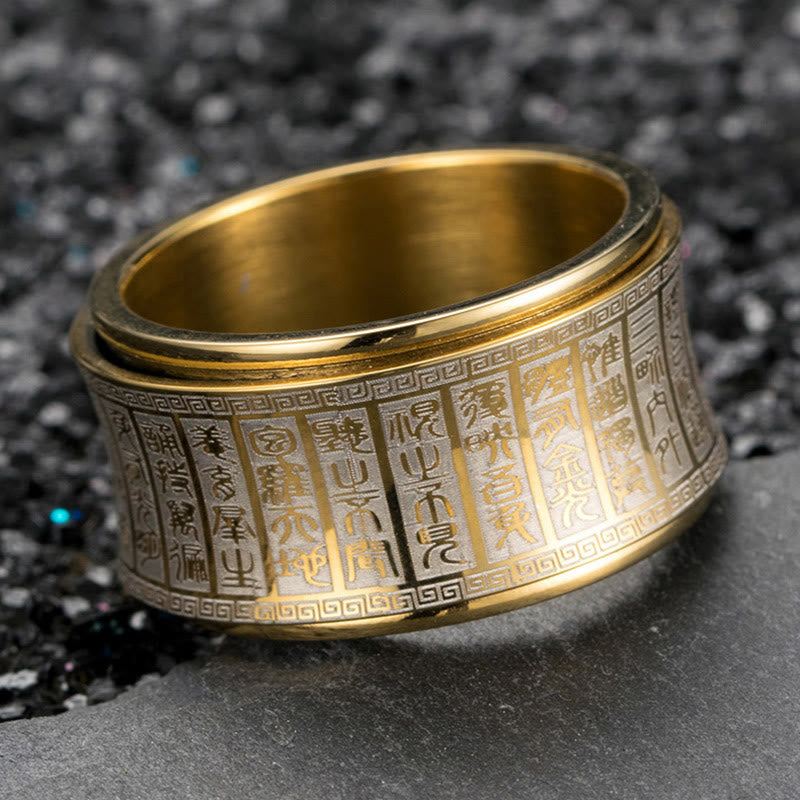 Anello di equilibrio girevole in acciaio al titanio con sigillo tibetano Buddha Stones mantra di luce dorata