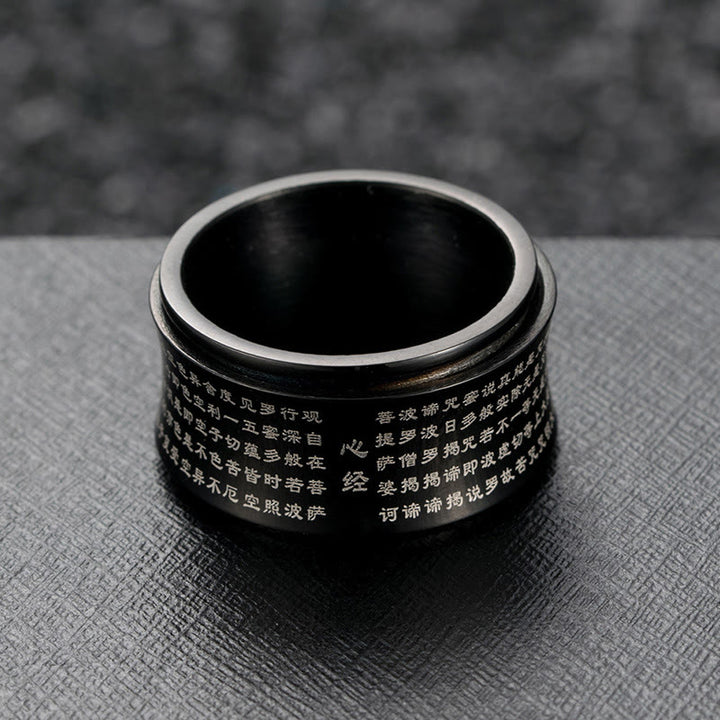 Buddha Stones Scritture in miniatura tibetane Cuore Sutra Anello in acciaio al titanio Spinner Balance