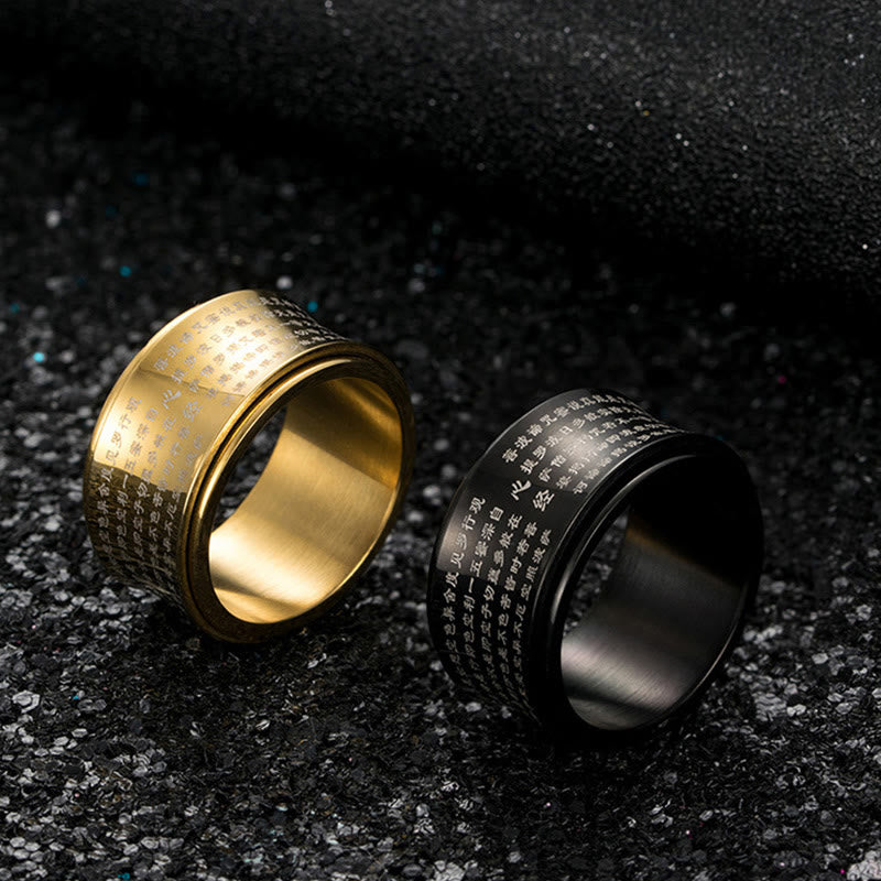 Buddha Stones Scritture in miniatura tibetane Cuore Sutra Anello in acciaio al titanio Spinner Balance