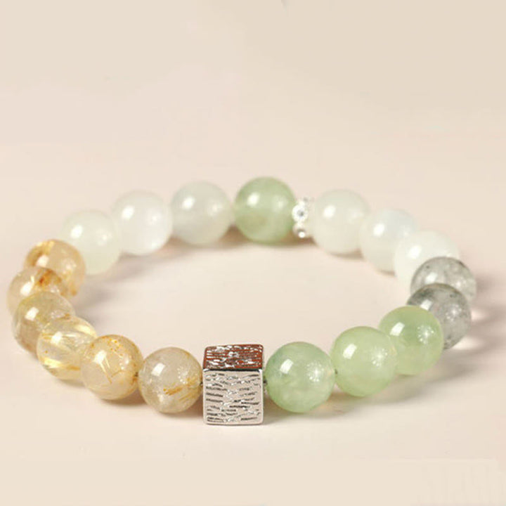 Bracciale Buddha Stones Ossidiana nera Quarzo rutilato nero Pietra di luna Cubo Forza