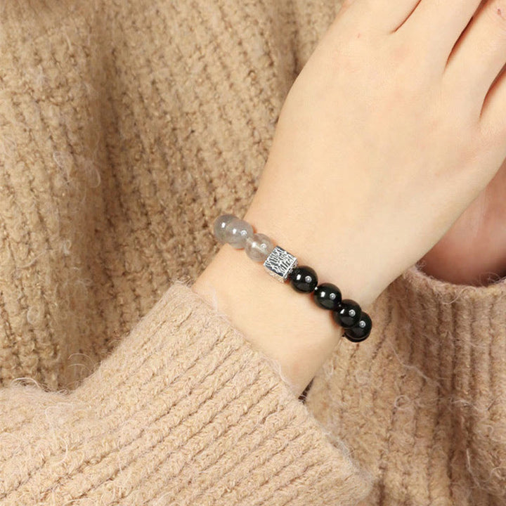 Bracciale Buddha Stones Ossidiana nera Quarzo rutilato nero Pietra di luna Cubo Forza
