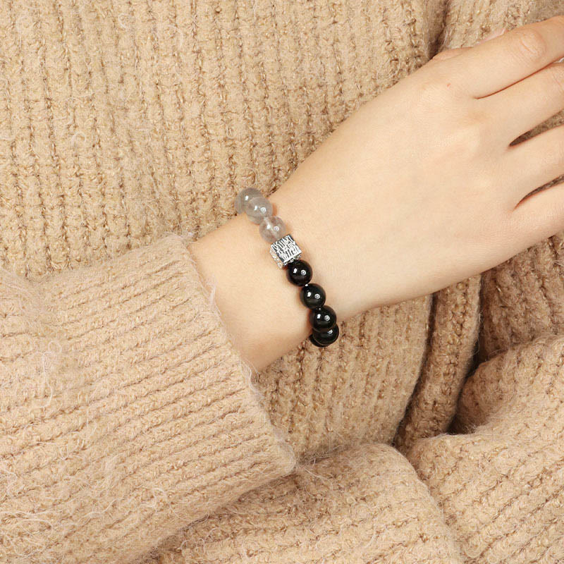 Bracciale Buddha Stones Ossidiana nera Quarzo rutilato nero Pietra di luna Cubo Forza