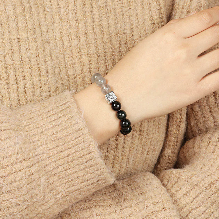 Bracciale Buddha Stones Ossidiana nera Quarzo rutilato nero Pietra di luna Cubo Forza
