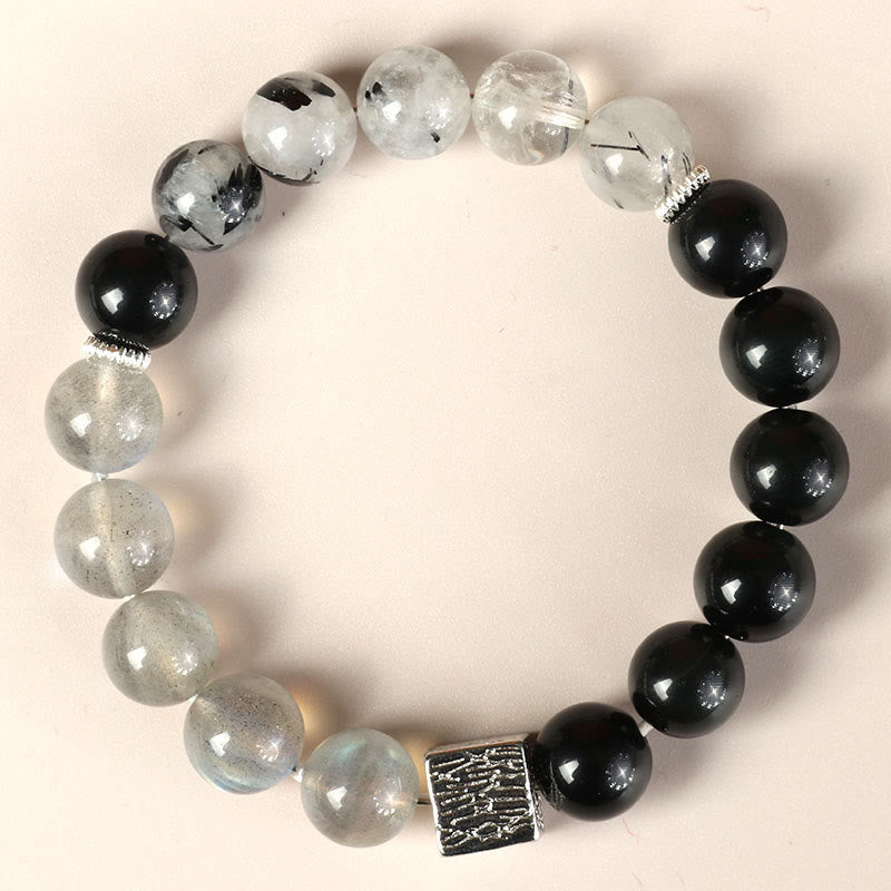 Bracciale Buddha Stones Ossidiana nera Quarzo rutilato nero Pietra di luna Cubo Forza