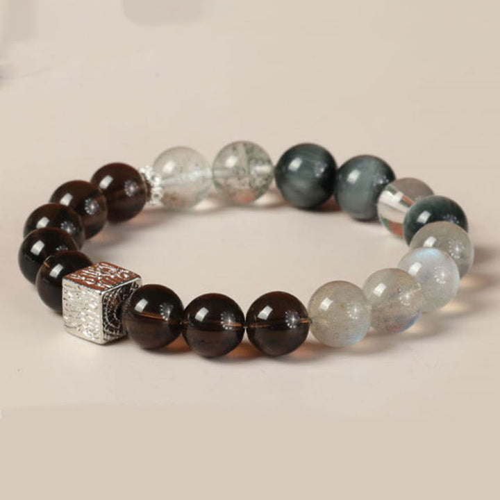 Bracciale Buddha Stones Ossidiana nera Quarzo rutilato nero Pietra di luna Cubo Forza