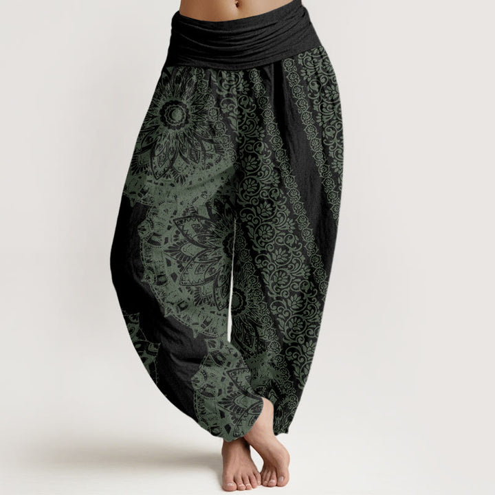 Pantaloni harem elastici in vita da donna con motivo mandala Buddha Stones e fiori paralleli - Nero - US22, UK/AU26, EU54 (6XL) - image 8