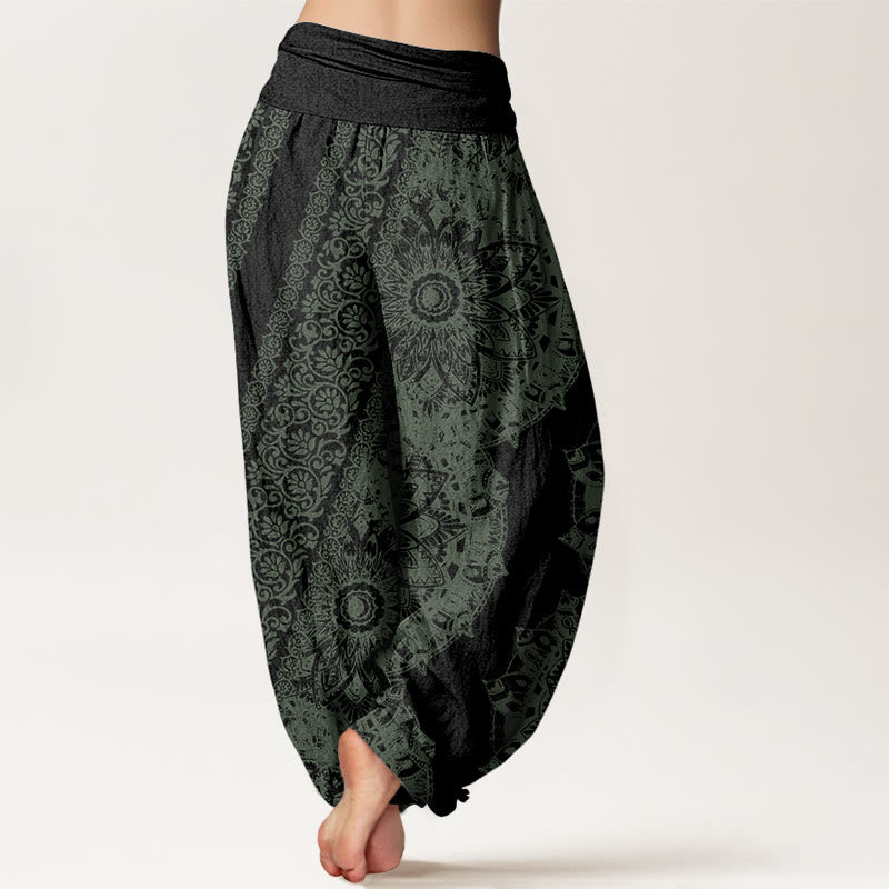 Pantaloni harem elastici in vita da donna con motivo mandala Buddha Stones e fiori paralleli - image 10