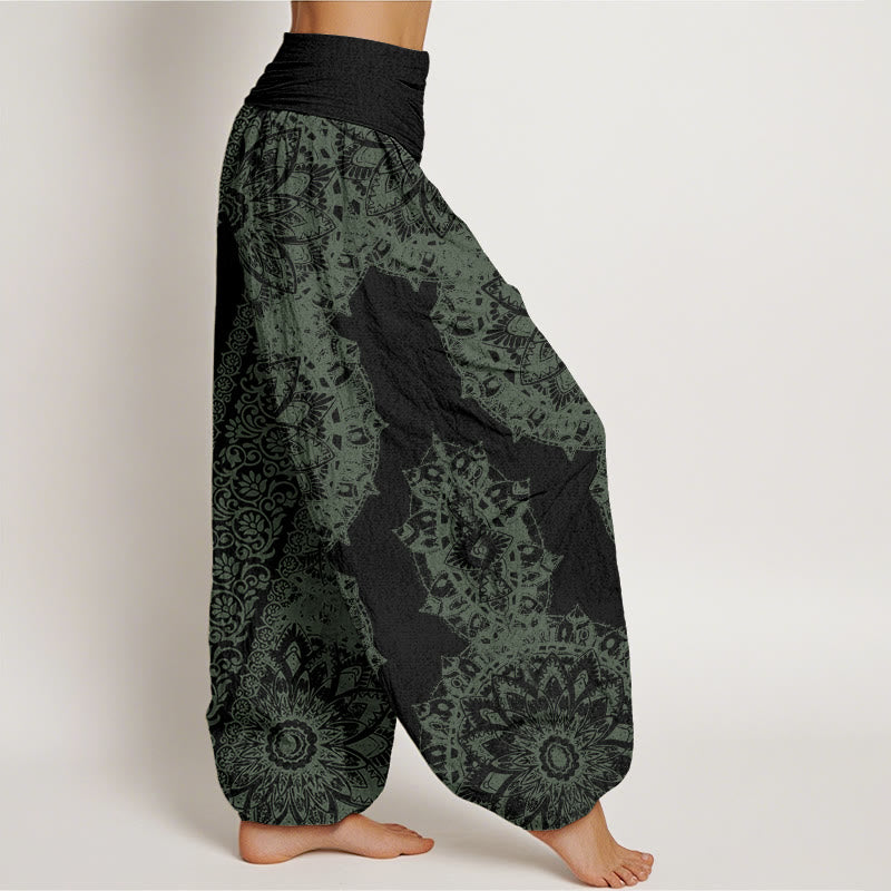 Pantaloni harem elastici in vita da donna con motivo mandala Buddha Stones e fiori paralleli - image 9
