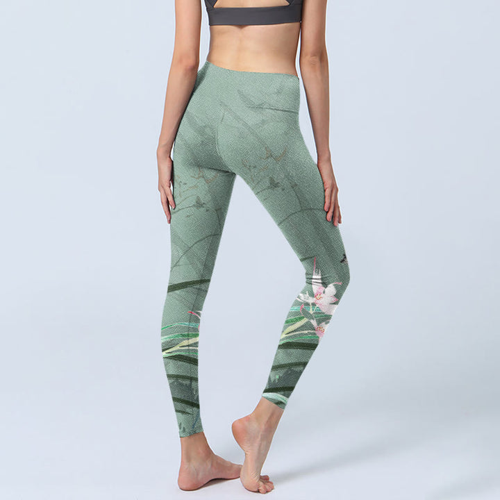 Leggings da palestra con stampa di foglie di orchidee rosa e bianco Buddha Stones, pantaloni da yoga da donna - image 5