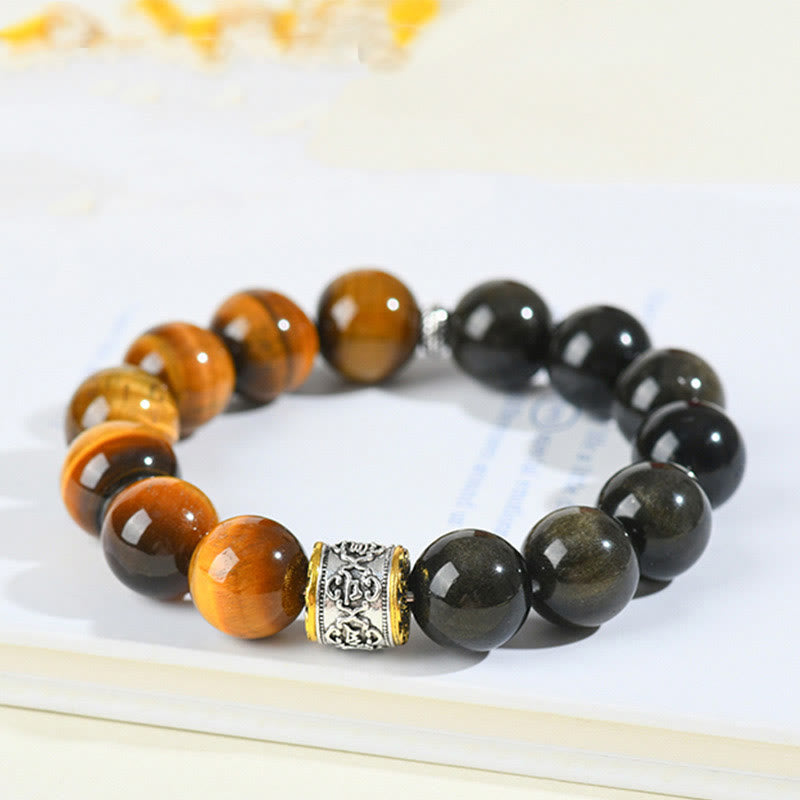 Bracciale Buddha Stones Tiger Eye Oro Lucente Ossidiana Om Mani Padme Hum - image 3
