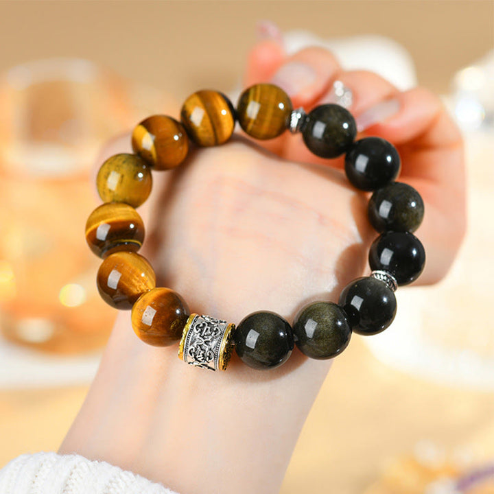Bracciale Buddha Stones Tiger Eye Oro Lucente Ossidiana Om Mani Padme Hum - image 4
