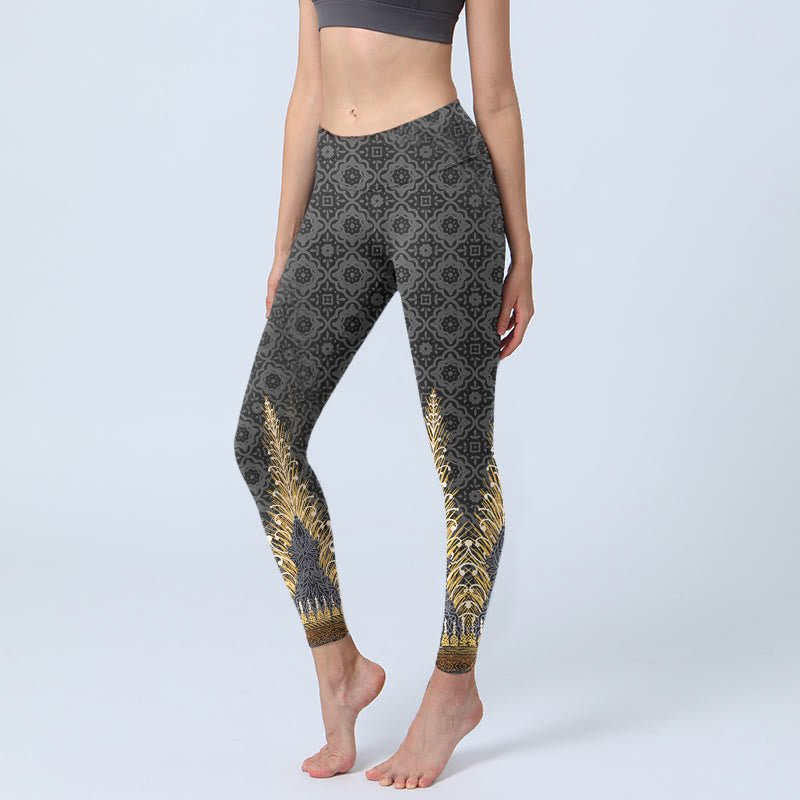 Leggings da palestra con stampa geometrica di piume dorate e grigio scuro Buddha Stones, pantaloni da yoga da donna - Grigio scuro - US18, UK/AU22, EU50 (4XL) - image 1