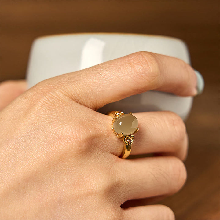 Buddha Stones Naturale Hetian Giada Uovo Cuore Rame Fortuna Anello Aperto